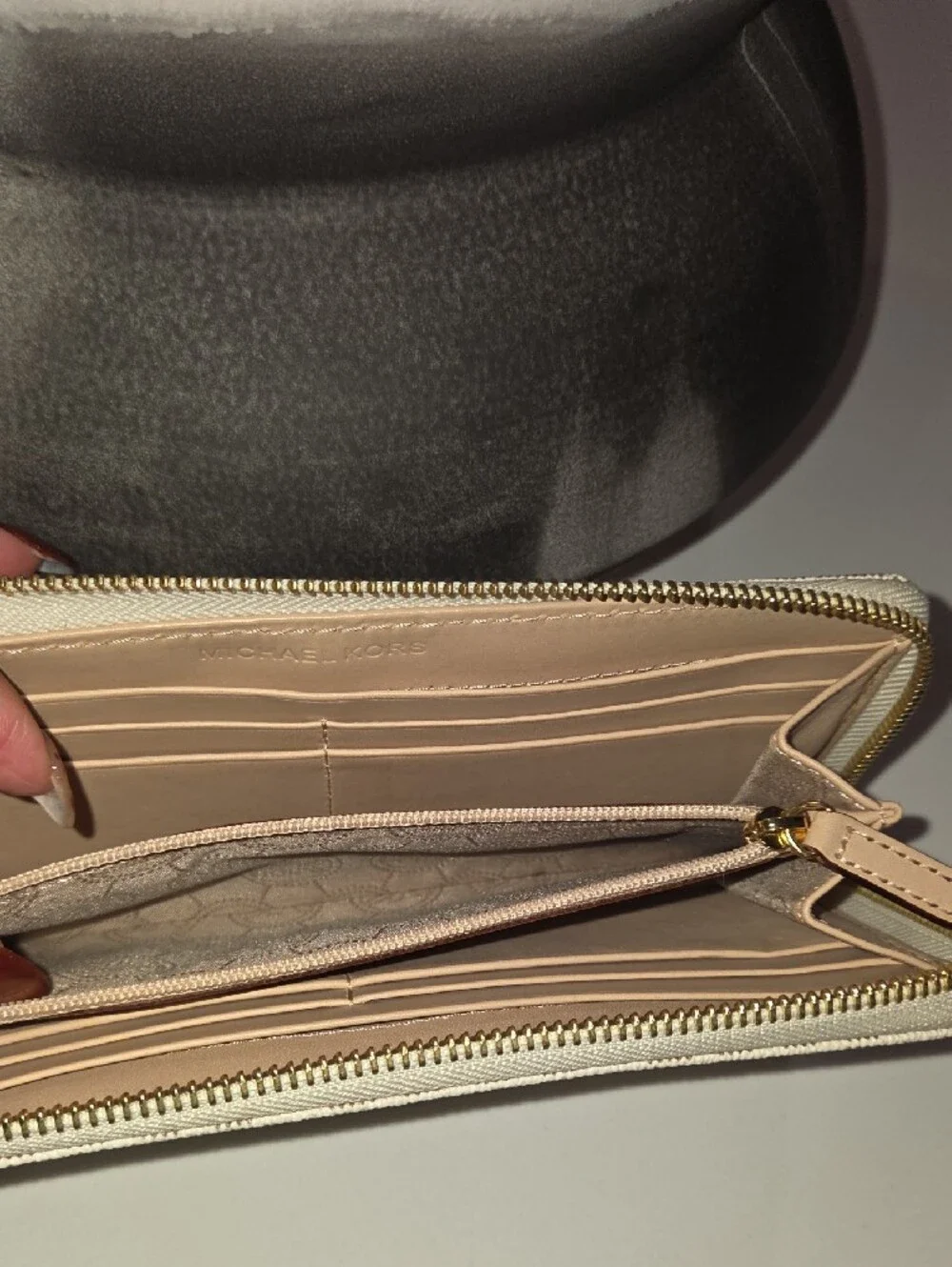 Michael Kors Beige Logo Zip Around Wallet with Gold Hardware